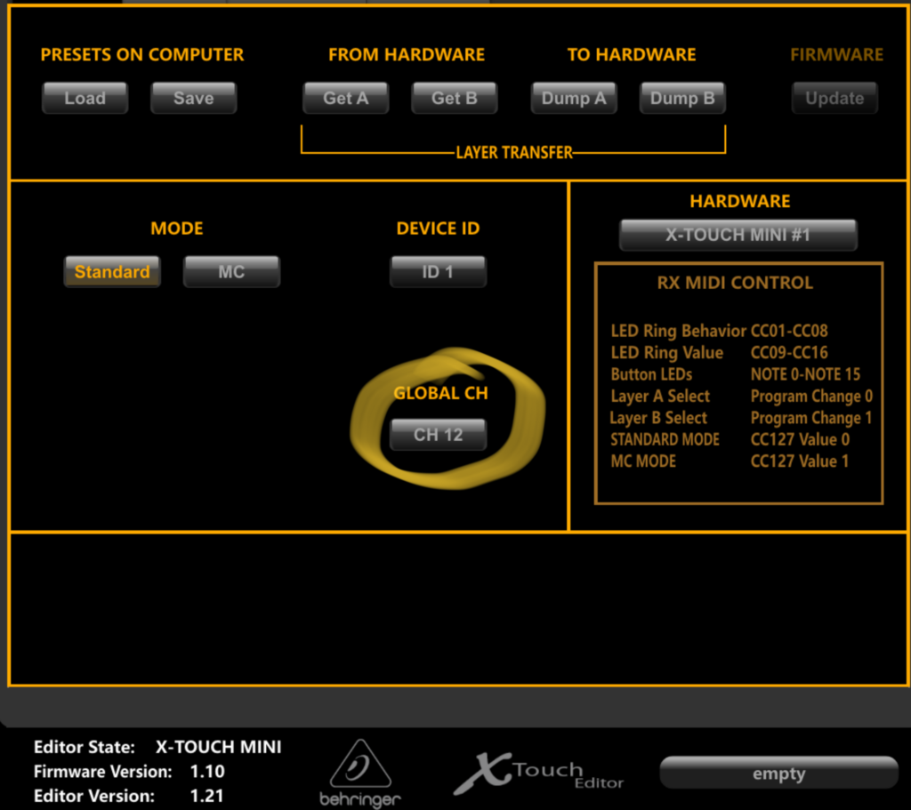 Screenshot of the X-Touch Mini editor with the Global CH field highlighted